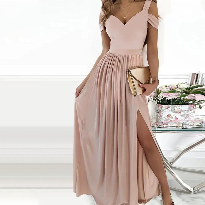 Off-the-shoulder V-neck slit dress