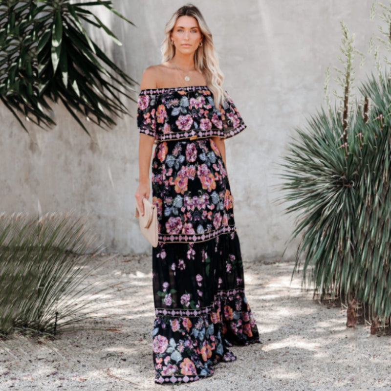 Off Shoulder-trykt maxi-kjole