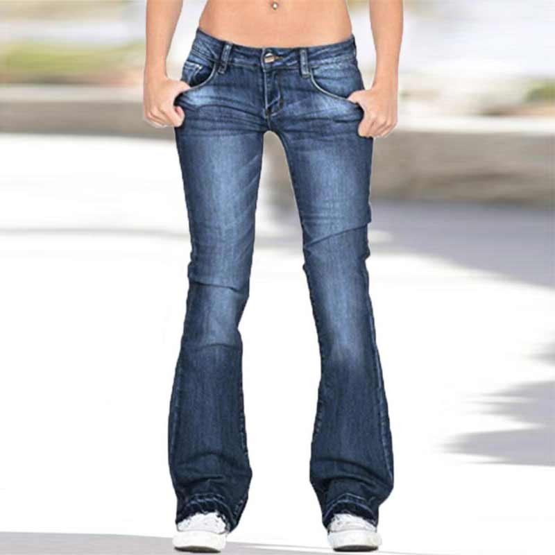 Midt i midjen Flare Leg Jeans Med Rynkede Knapper