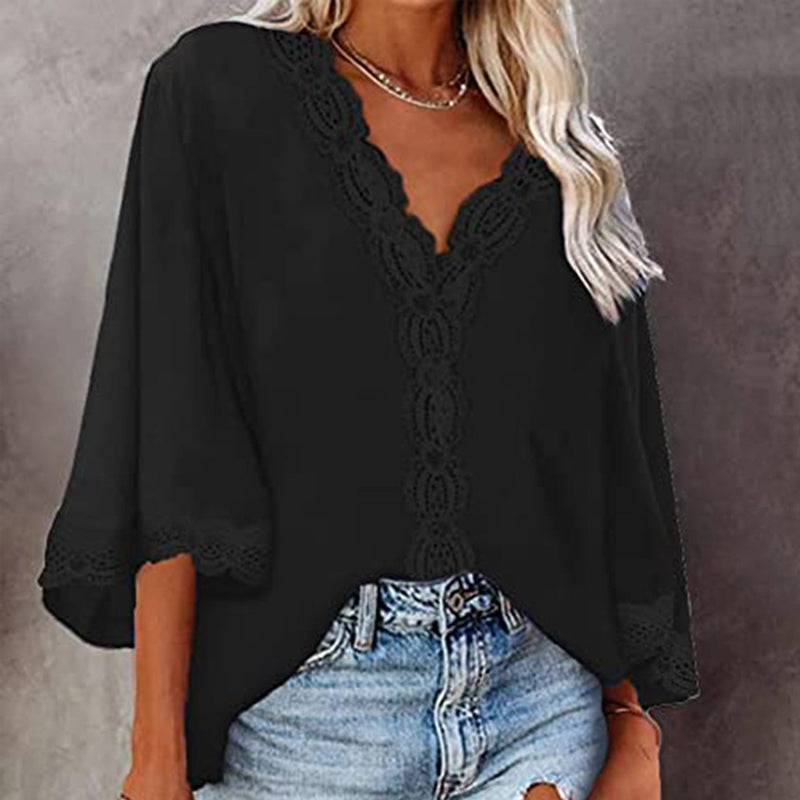 Blonde Bluse med V-hals og Utsvingt Ermer