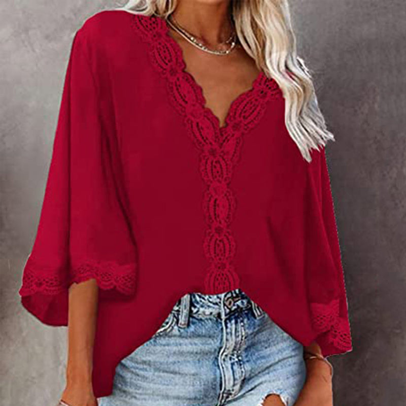 Blonde Bluse med V-hals og Utsvingt Ermer