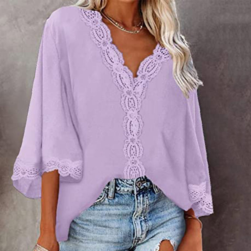 Blonde Bluse med V-hals og Utsvingt Ermer