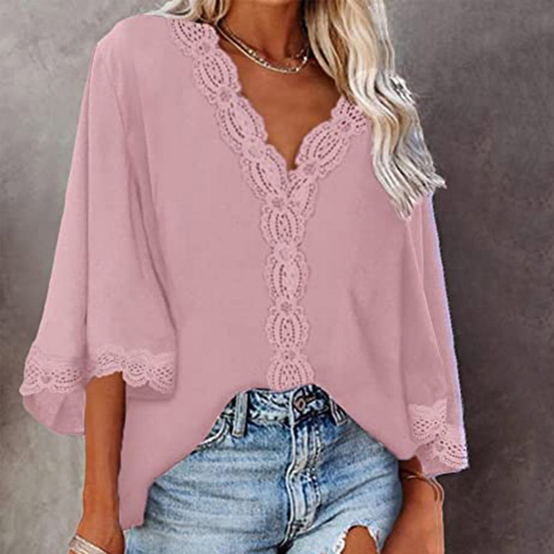 Blonde Bluse med V-hals og Utsvingt Ermer