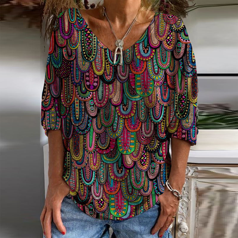 Women's New Fashion Print Casual V-neck Loose T-shirt