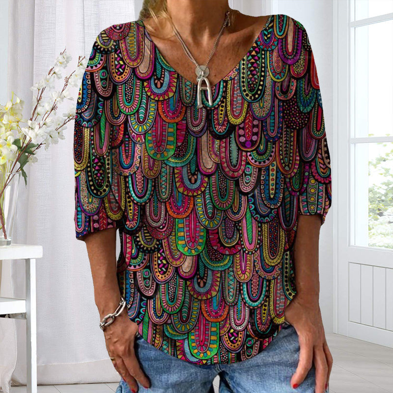 Women's New Fashion Print Casual V-neck Loose T-shirt