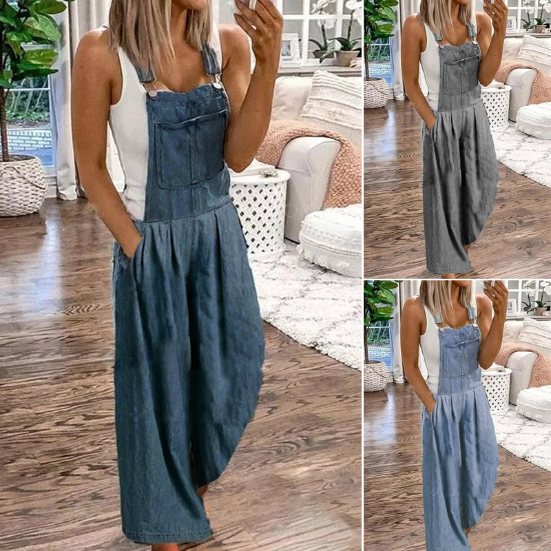 Uformell denimlomme Jumpsuit med brede ben