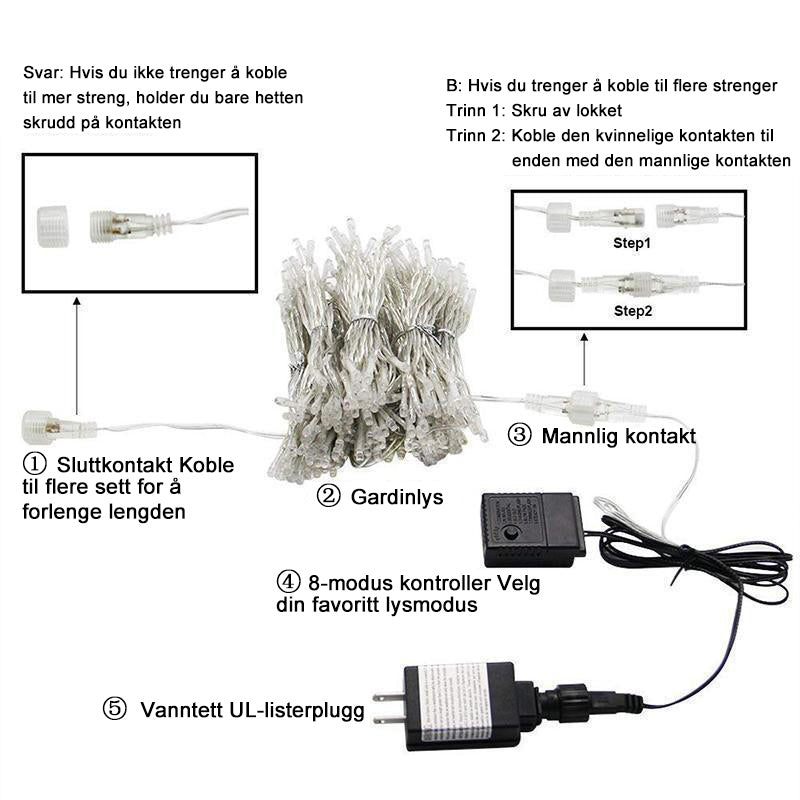 Funklende Stjerne 300 LED Vindusgardin Streng Lys