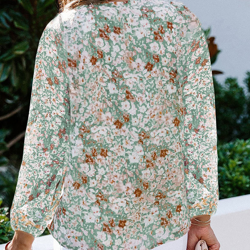 Boho Blomstertrykk V-hals Langermet Løse Bluse