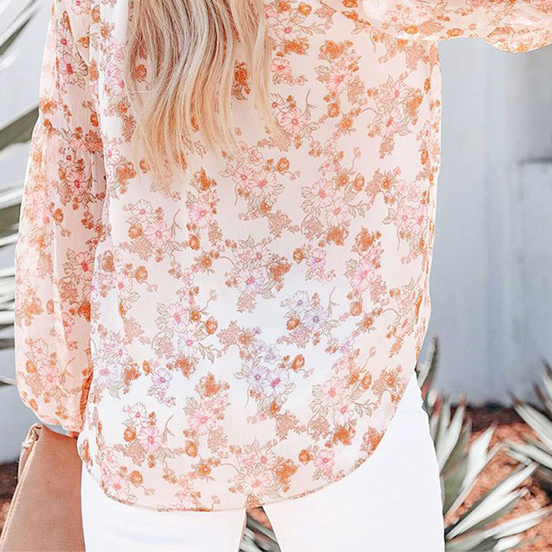 Boho Blomstertrykk V-hals Langermet Løse Bluse