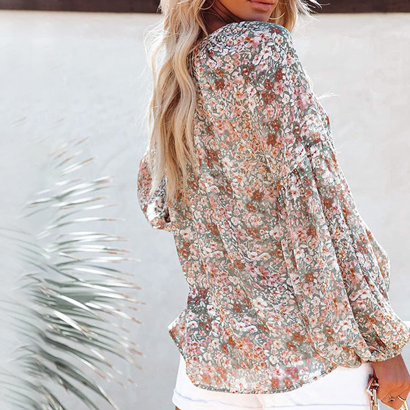 Boho Blomstertrykk V-hals Langermet Løse Bluse