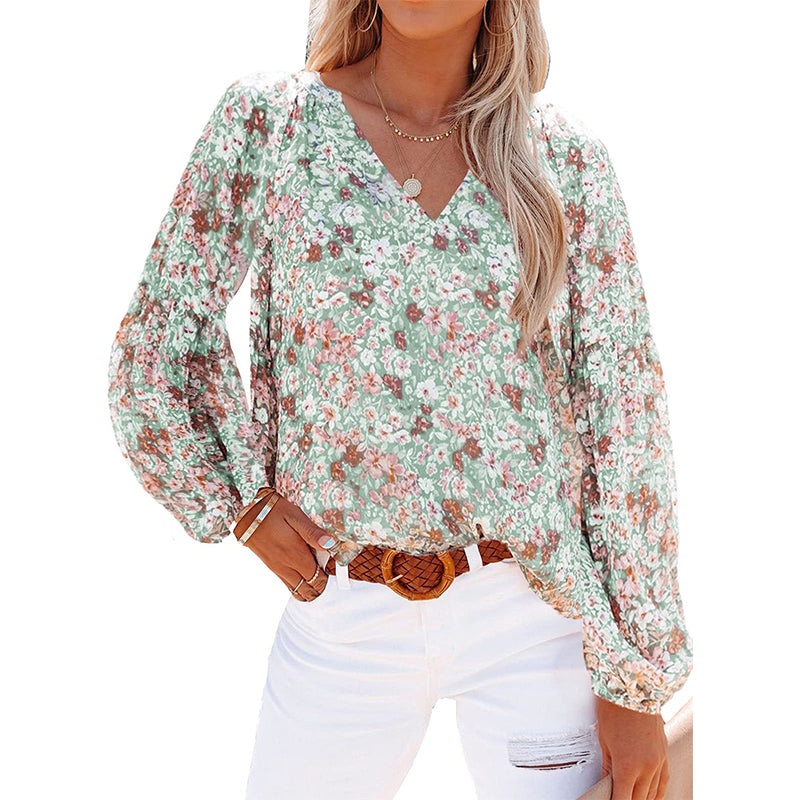 Boho Blomstertrykk V-hals Langermet Løse Bluse