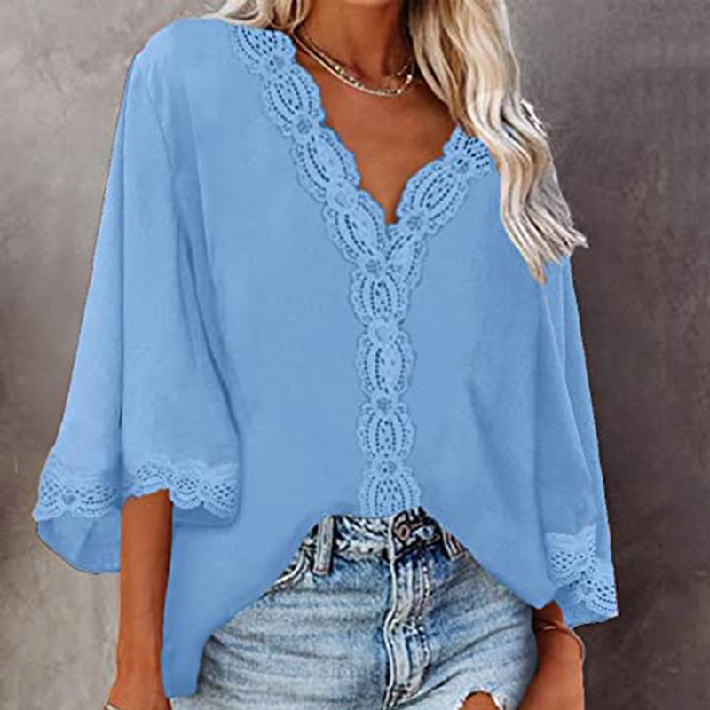 Blonde Bluse med V-hals og Utsvingt Ermer